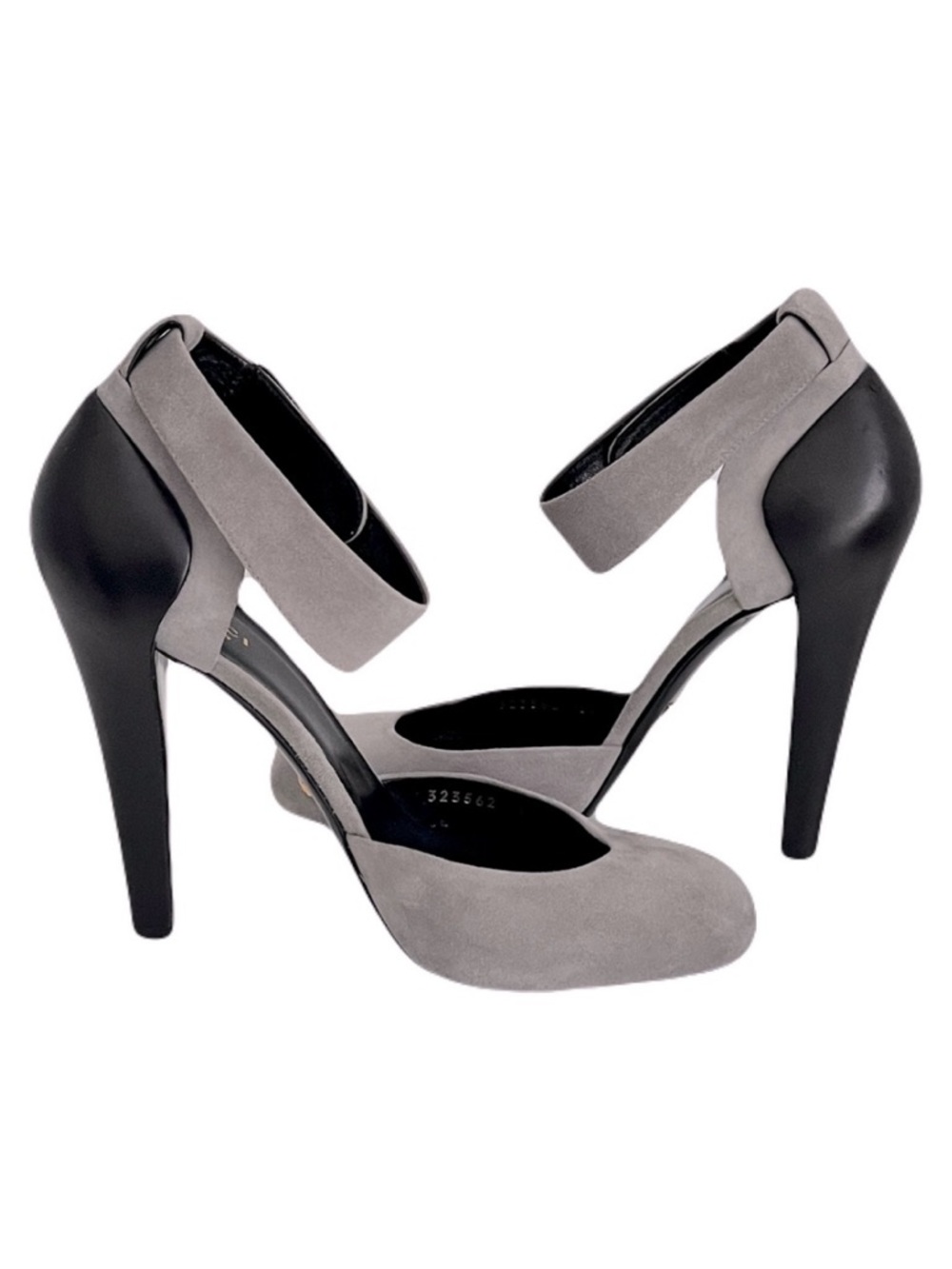 Gucci ‘Scamosciato Dusty Grey’ Suede & Black Leather Ankle Strap Pumps, Size 39